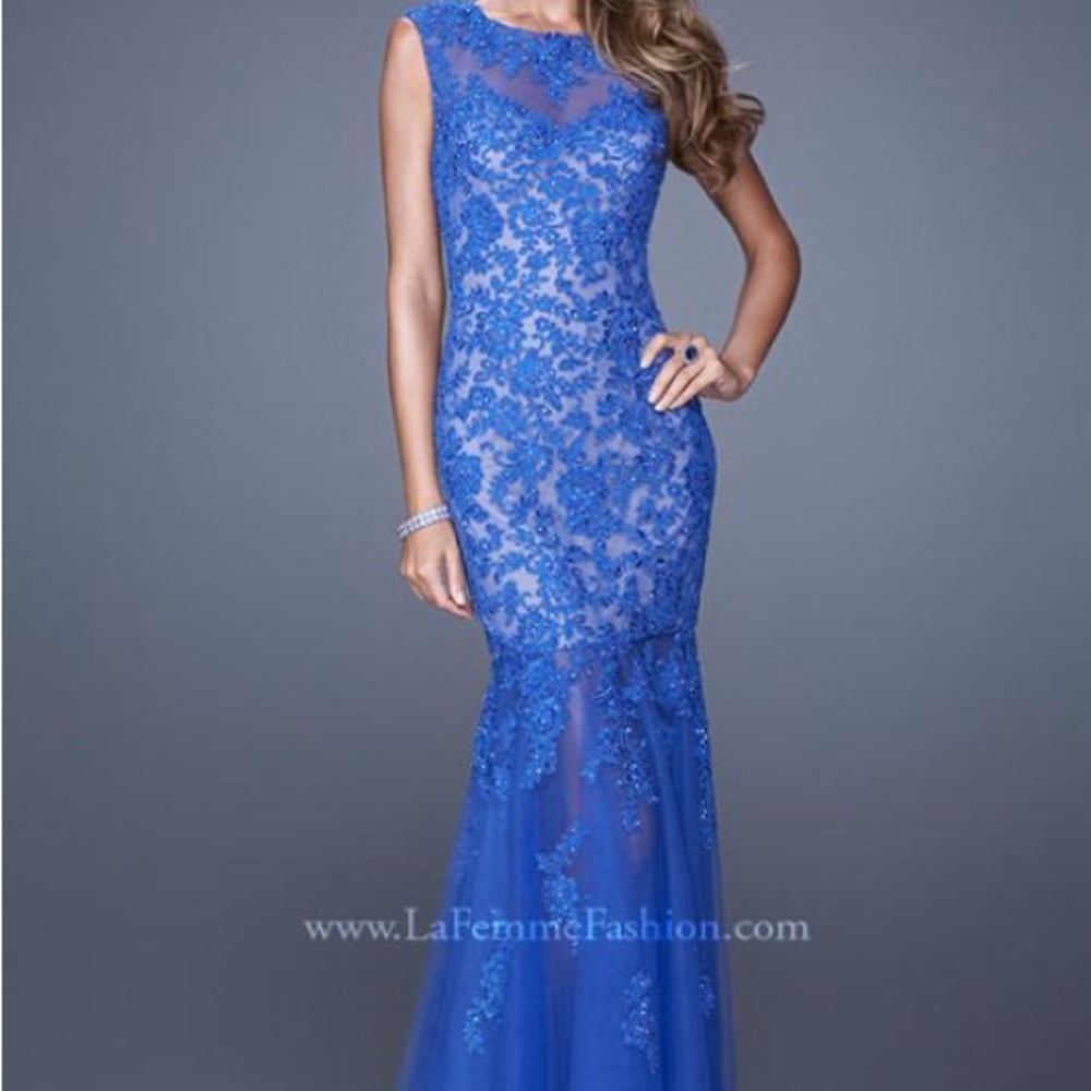La Femme Blue Beaded Wedding Dress